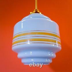 Mid century blue gold art deco brass opaline glass pendant light Bohemia