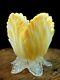 Mini 2 Bohemian Harrach Applied Yellow Art Glass Tulip Vase W Opalescent Leaves