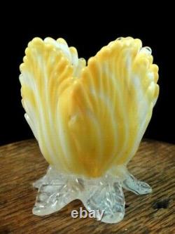 Mini 2 Bohemian Harrach Applied Yellow Art Glass Tulip Vase w Opalescent Leaves