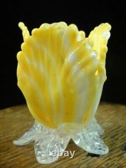 Mini 2 Bohemian Harrach Applied Yellow Art Glass Tulip Vase w Opalescent Leaves
