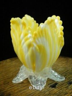 Mini 2 Bohemian Harrach Applied Yellow Art Glass Tulip Vase w Opalescent Leaves