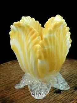 Mini 2 Bohemian Harrach Applied Yellow Art Glass Tulip Vase w Opalescent Leaves