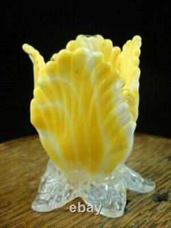 Mini 2 Bohemian Harrach Applied Yellow Art Glass Tulip Vase w Opalescent Leaves