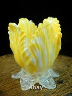 Mini 2 Bohemian Harrach Applied Yellow Art Glass Tulip Vase w Opalescent Leaves