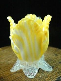 Mini 2 Bohemian Harrach Applied Yellow Art Glass Tulip Vase w Opalescent Leaves