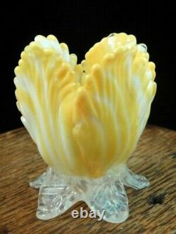 Mini 2 Bohemian Harrach Applied Yellow Art Glass Tulip Vase w Opalescent Leaves