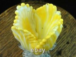 Mini 2 Bohemian Harrach Applied Yellow Art Glass Tulip Vase w Opalescent Leaves