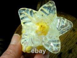 Mini 2 Bohemian Harrach Applied Yellow Art Glass Tulip Vase w Opalescent Leaves