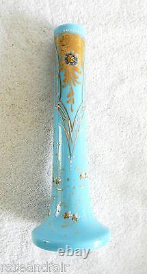 Moser blue opaline vintage art glass vase gold decorations