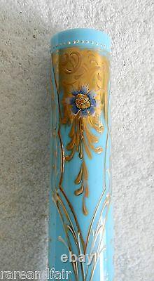 Moser blue opaline vintage art glass vase gold decorations