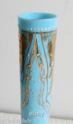 Moser blue opaline vintage art glass vase gold decorations