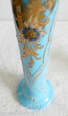Moser blue opaline vintage art glass vase gold decorations