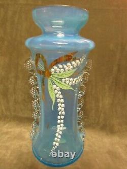 Most Vivid Blue Opalescent Victorian Wing Handle Vase Hand Painted Lily Valley