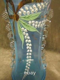 Most Vivid Blue Opalescent Victorian Wing Handle Vase Hand Painted Lily Valley