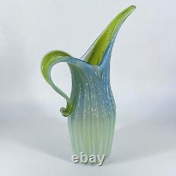 Murano Art Glass Fratelli Toso Ribbed Stretched Pitcher Opalescent Blue Green