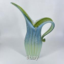 Murano Art Glass Fratelli Toso Ribbed Stretched Pitcher Opalescent Blue Green