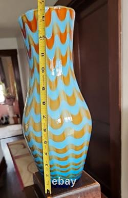 Murano Empoli Italy Cased Art Glass Drapery Swirl Vase Abstract Opaline Blue MCM