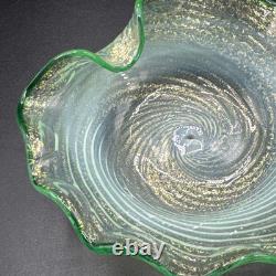 Murano Fratelli Toso Vintage Art Glass Bowl Emerald Green Crest Swirl Opalescent