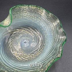 Murano Fratelli Toso Vintage Art Glass Bowl Emerald Green Crest Swirl Opalescent