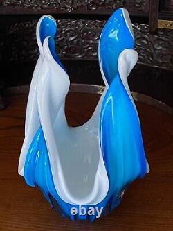 Murano Italian Modernist Blue White Glass Centrepiece Vase. Antique, 1960's