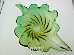 Murano Mid Century green opaline & Amber Leaf Bowl Barovier & Toso Italy