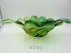 Murano Mid Century green opaline & Amber Leaf Bowl Barovier & Toso Italy