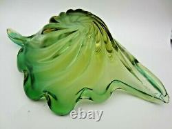 Murano Mid Century green opaline & Amber Leaf Bowl Barovier & Toso Italy