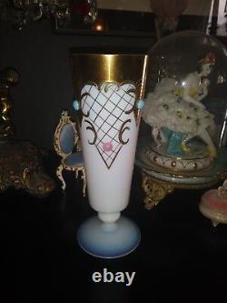 Murano Opaline Glass Italian Jeweled Etched Gold Gilt 9 Inch Tall Flower Vase