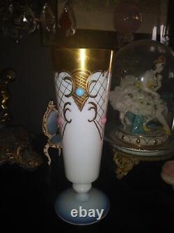 Murano Opaline Glass Italian Jeweled Etched Gold Gilt 9 Inch Tall Flower Vase