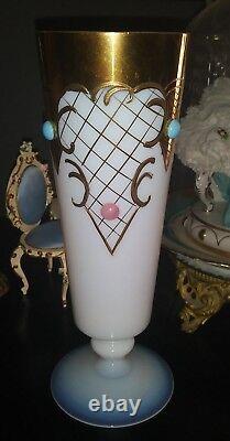 Murano Opaline Glass Italian Jeweled Etched Gold Gilt 9 Inch Tall Flower Vase