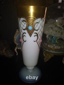 Murano Opaline Glass Italian Jeweled Etched Gold Gilt 9 Inch Tall Flower Vase