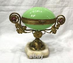 Napoleon III Era French URANIUM Opaline Glass Egg, Ormolu Trinket Box Casket