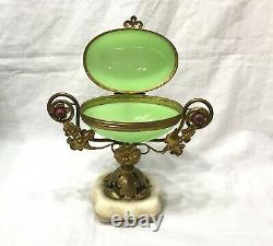 Napoleon III Era French URANIUM Opaline Glass Egg, Ormolu Trinket Box Casket