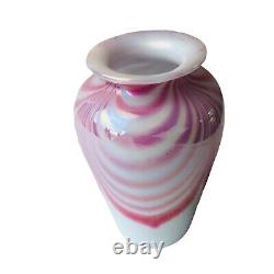 OBG Ornamental Blown Glass Pulled Feather VASE Iridescent Pink White Opalescent