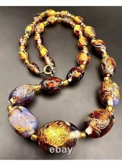 OLD Antique Venetian Foiled Fire Opalescent Lava Glass Graduated Beaded Necklace