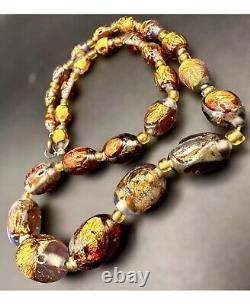 OLD Antique Venetian Foiled Fire Opalescent Lava Glass Graduated Beaded Necklace