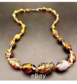 OLD Antique Venetian Foiled Fire Opalescent Lava Glass Graduated Beaded Necklace