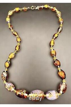 OLD Antique Venetian Foiled Fire Opalescent Lava Glass Graduated Beaded Necklace