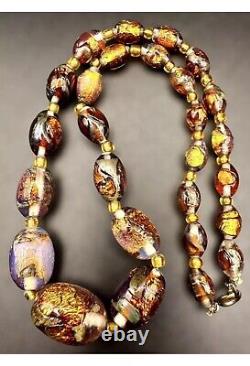 OLD Antique Venetian Foiled Fire Opalescent Lava Glass Graduated Beaded Necklace