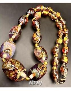 OLD Antique Venetian Foiled Fire Opalescent Lava Glass Graduated Beaded Necklace