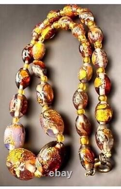 OLD Antique Venetian Foiled Fire Opalescent Lava Glass Graduated Beaded Necklace