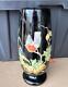 Old Antique Hand Painted Decorated Black Opaline Art Glass Vase Red Bird Leaves