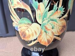 Old Antique Hand Painted Decorated Black Opaline Art Glass Vase Red Bird Leaves