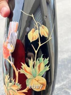 Old Antique Hand Painted Decorated Black Opaline Art Glass Vase Red Bird Leaves