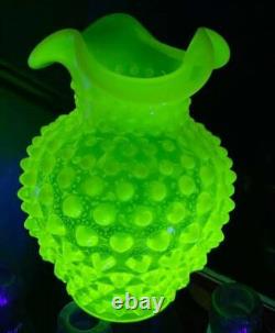 Old Vintage URANIUM Greenish-Yellow Vaseline Hobnail opalescent Ruffled Vase