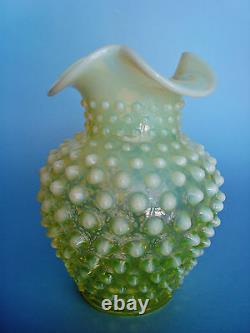 Old Vintage URANIUM Greenish-Yellow Vaseline Hobnail opalescent Ruffled Vase