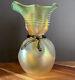 Opalescent Art Glass Orient & Flume Bag Vase Signed 9.5