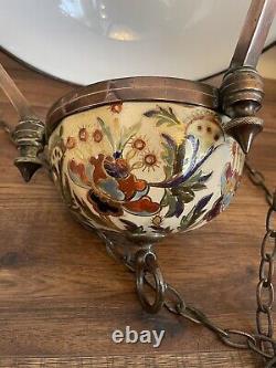 Opaline Art Deco Copper Ceramic Large Suspension Lantern Cloisonné Antique