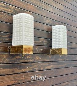 Opaline Glass & Brass Circa Marine Artefact Wall Art Deco Light Fixture Lot of 2