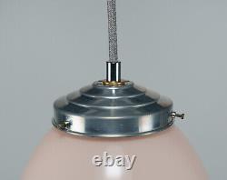 Original 1930s Art Deco Pink Opaline Glass Pendant Lamp & Stepped Chrome Gallery